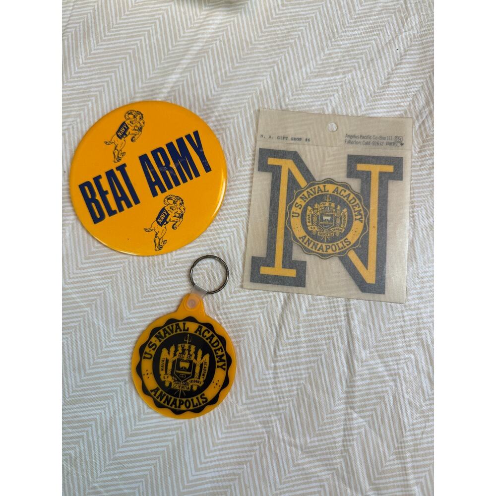 Vintage US Naval Academy Beat Army Pinback Button Goat, Decal, and Keychain